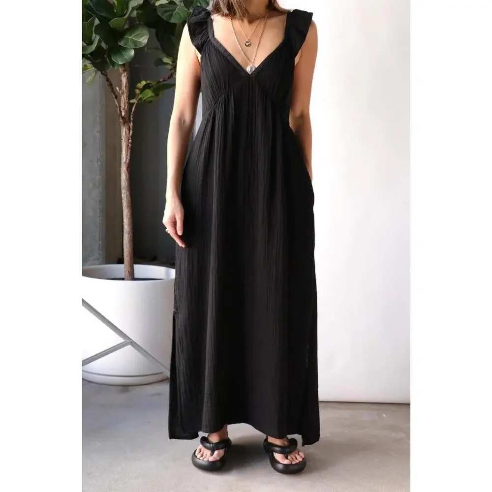 Xirena Leyla Dress Black Cotton Gauze Ruffle Maxi Womens Xl New Summer Beach